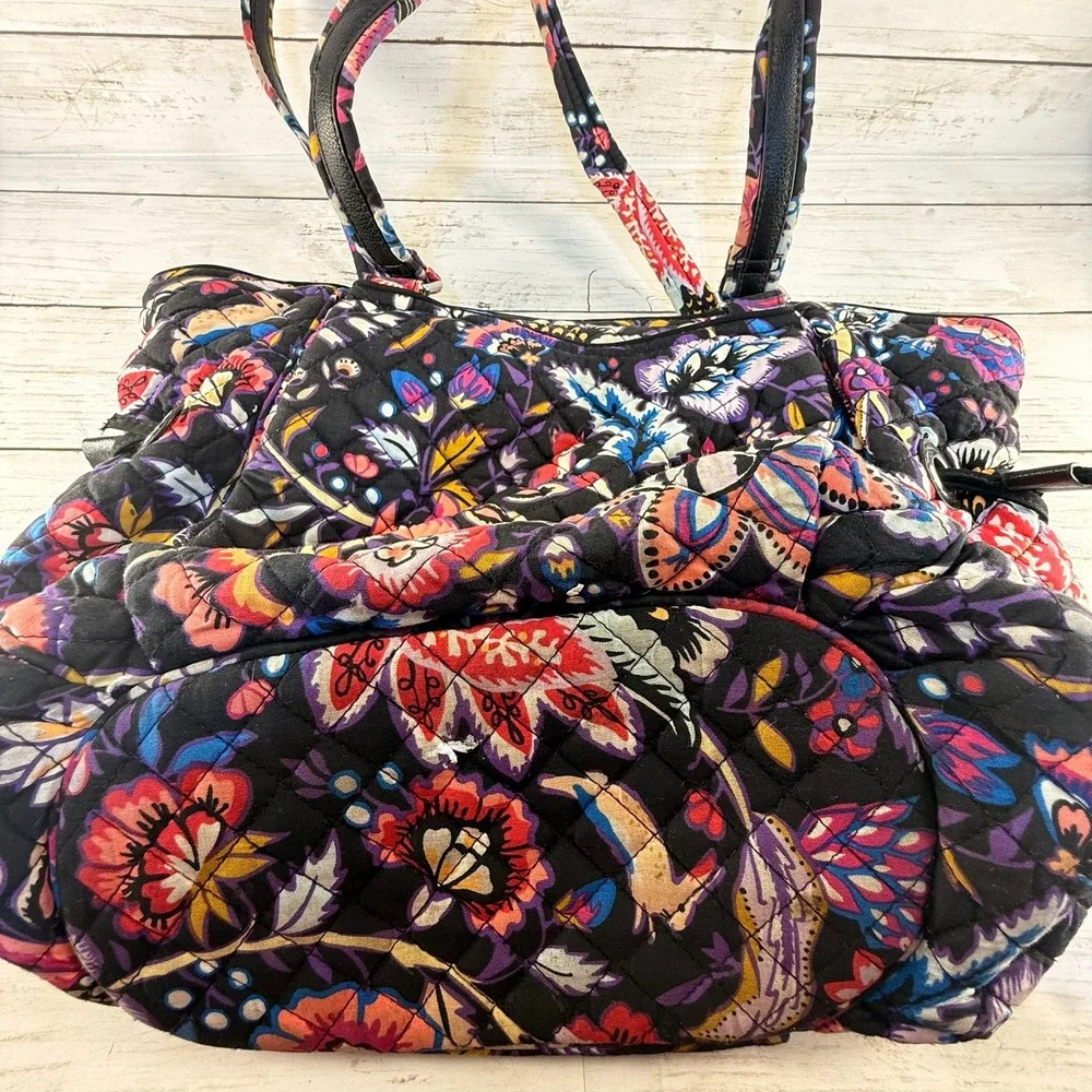 Vera Bradley Quilted Cotton Floral‎ Tote Bag Black Multi Color Shoulder Purse